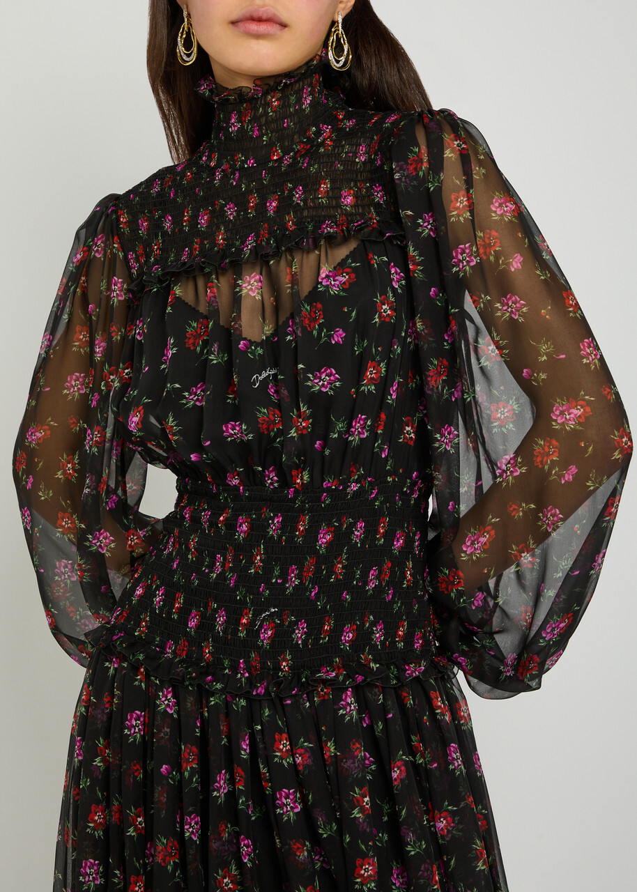 Dolce & Gabbana Floral-print Shirred Silk Maxi Dress Black