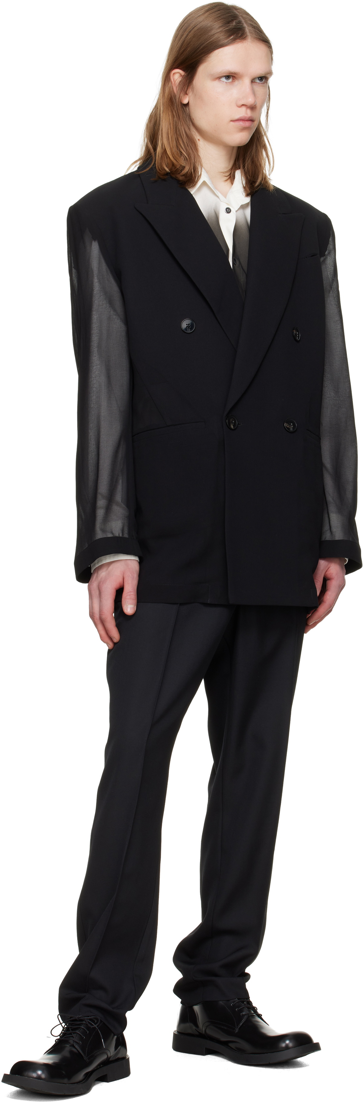 LGN Louis Gabriel Nouchi Black 4-Button Double-Breasted Sheer Blazer