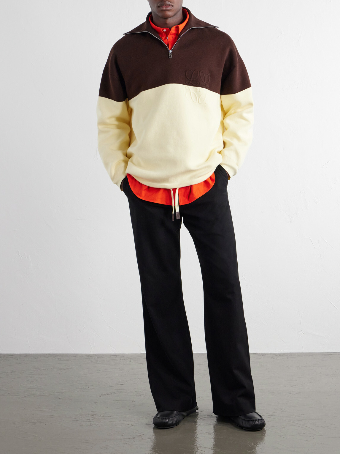 LOEWE - Anagram-Embossed Two-Tone Cotton-Blend Jersey Half-Zip Sweater - Brown