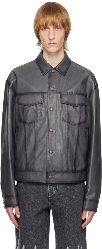 Photo: System Gray Spread Collar Faux-Leather Jacket