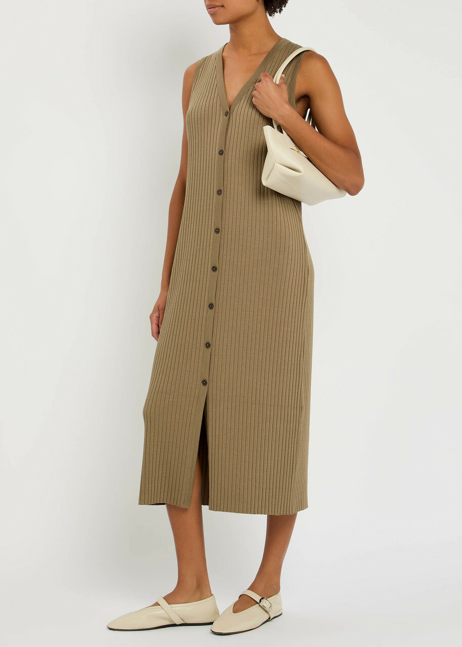 Vince Ribbed Stretch-knit Midi Dress Beige