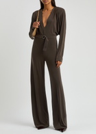 Norma Kamali Belted Wide-leg Stretch-jersey Jumpsuit Dark Brown