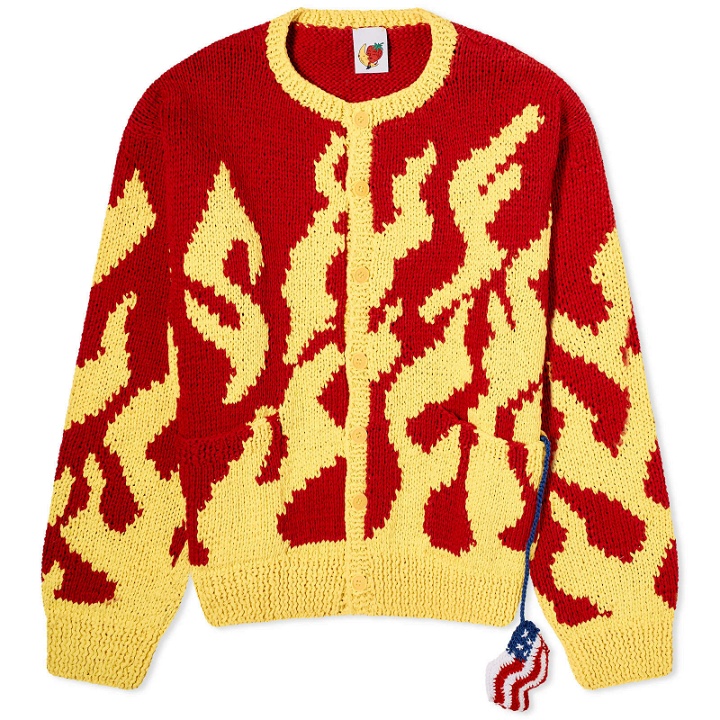Photo: Sky High Farm Men's Flame Crew Neck Cardigan in Red