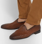 Santoni - Woven Burnished-Leather Loafers - Brown