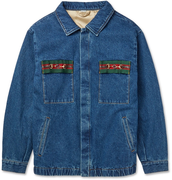 Photo: Gucci - Oversized Embellished Webbing-Trimmed Denim Jacket - Blue