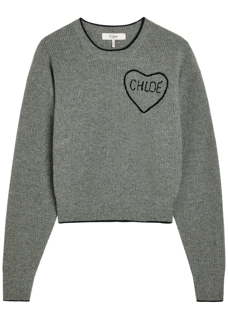 Chloe Logo Embroidered Wool and Cashmere-blend Jumper Grey