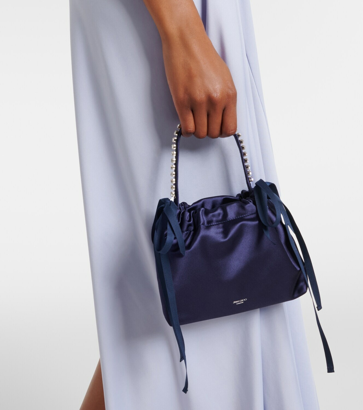 Jimmy Choo Drawstring Mini embellished satin top-handle bag