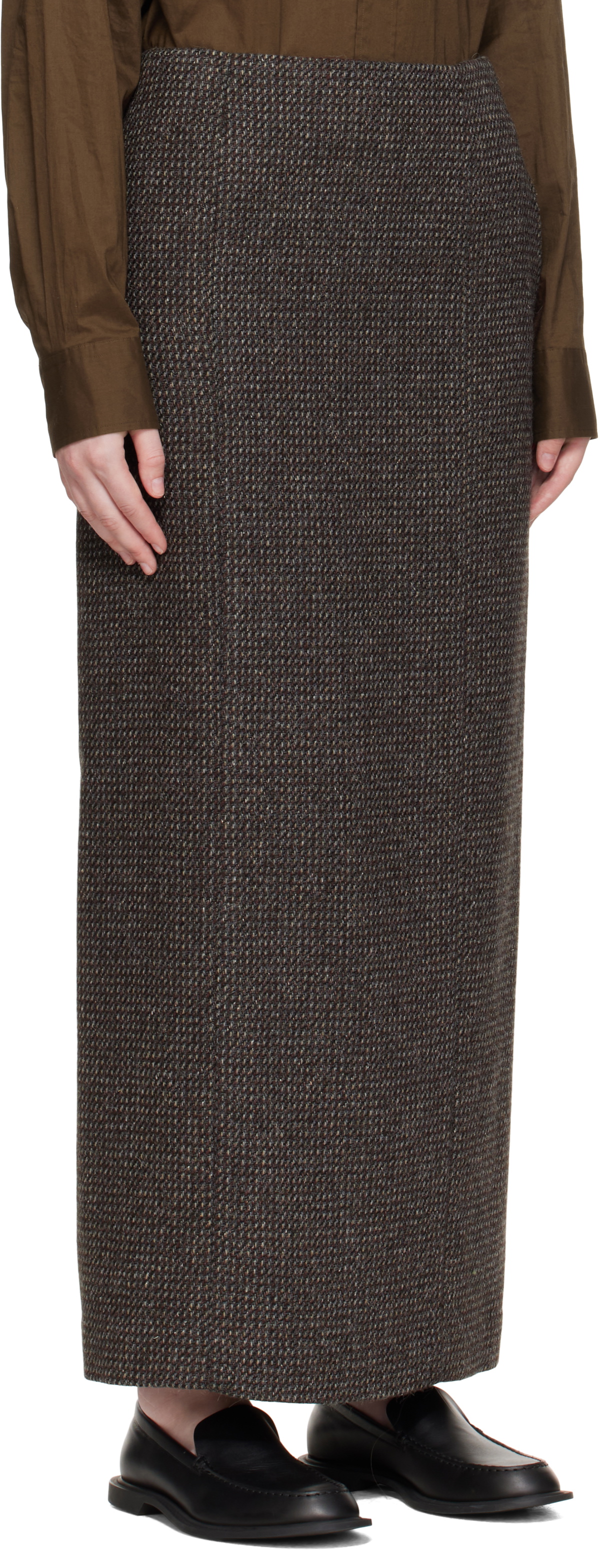 AURALEE Brown & Gray Alpaca Wool Silk Tweed Pencil Maxi Skirt