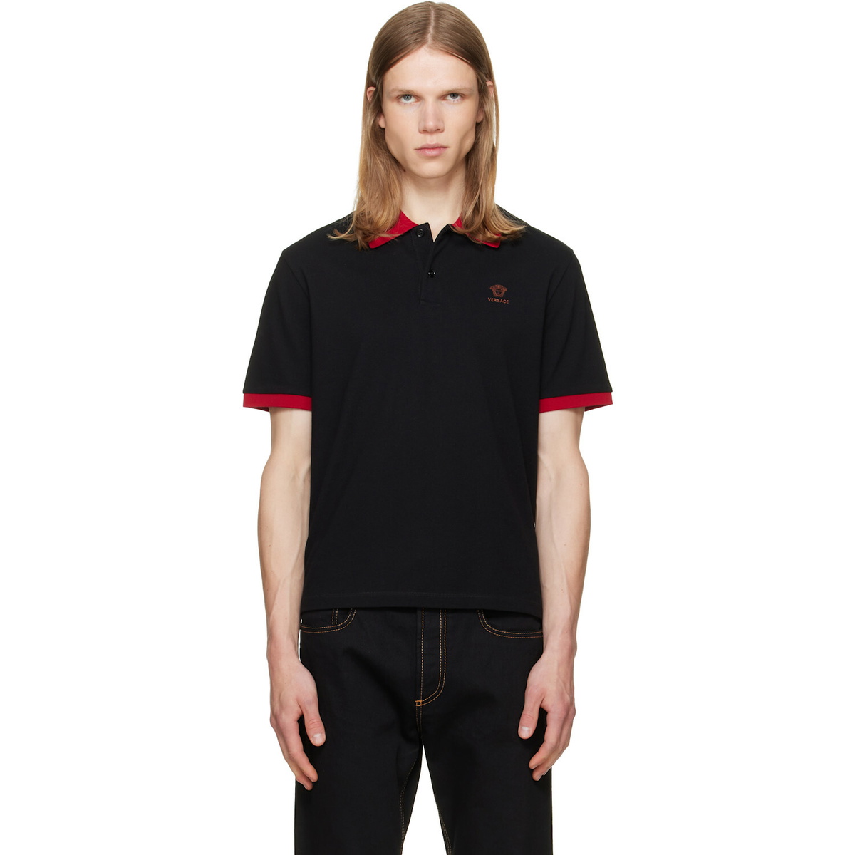 Versace Black Embroidered Cotton Piqué Polo