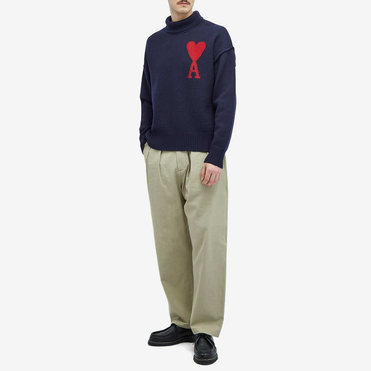 AMI Paris Men's A Heart Crew Neck Jumper in Navy/Red AMI