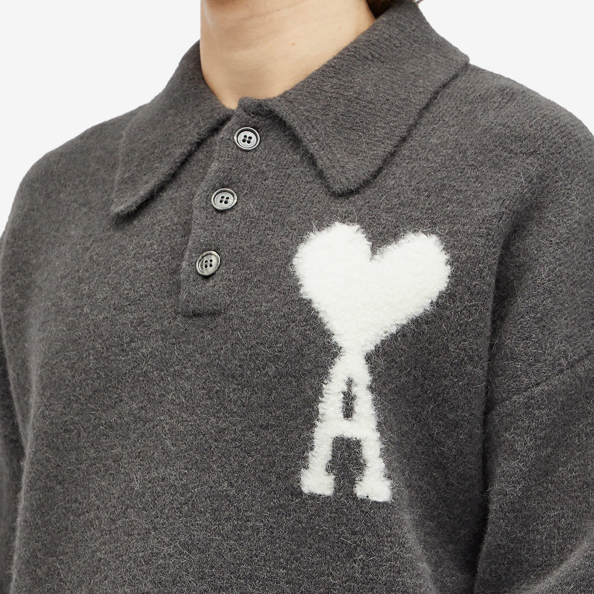 AMI Paris Men's A Heart Knitted Polo in Dark Grey