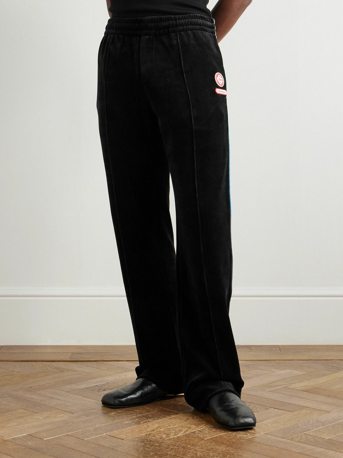 Casablanca - Straight-Leg Logo-Appliquéd Cotton-Blend Velour Sweatpants - Black
