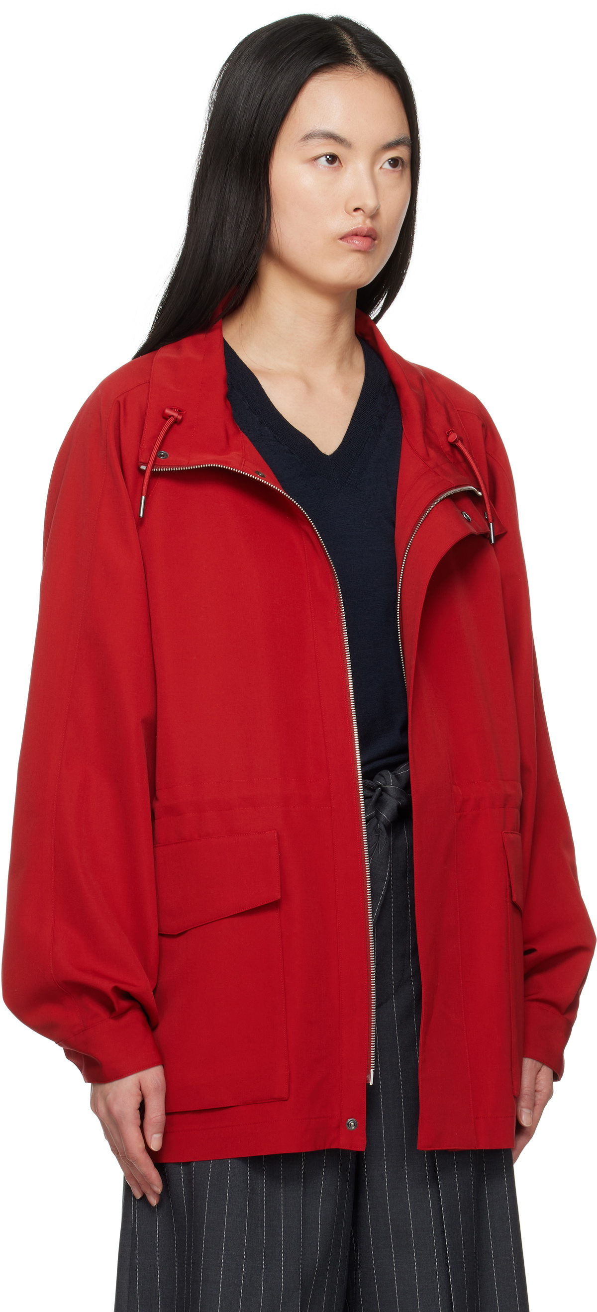 AURALEE Red Wool Max Canvas High Neck Zip Jacket Auralee