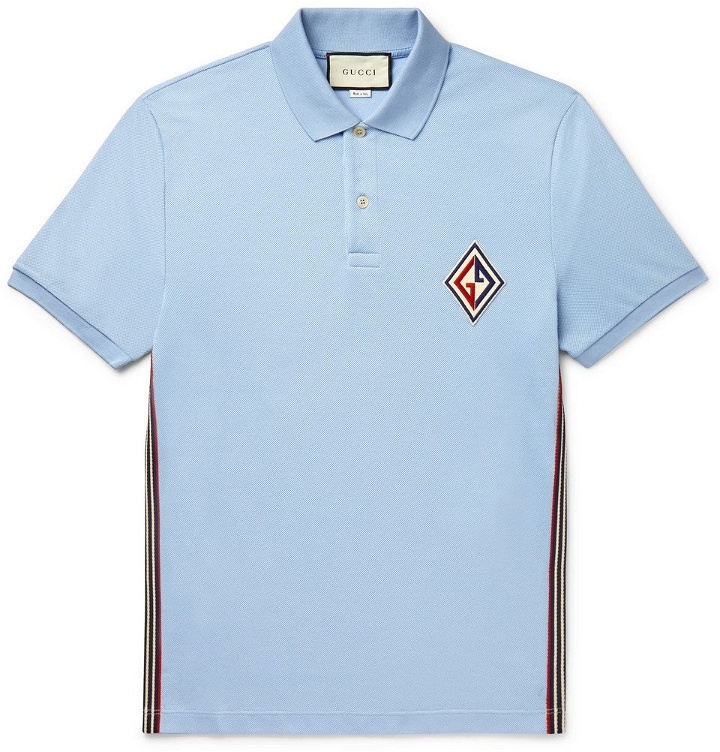 Photo: Gucci - Logo-Appliquéd Striped Cotton-Blend Piqué Polo Shirt - Light blue