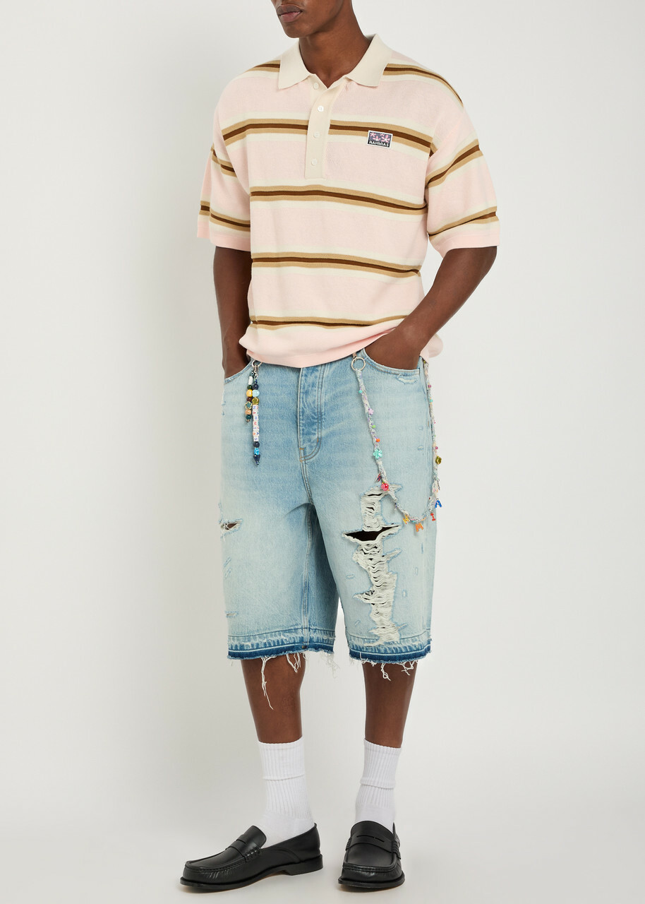 Nahmias Beaded Distressed Denim Shorts Blue