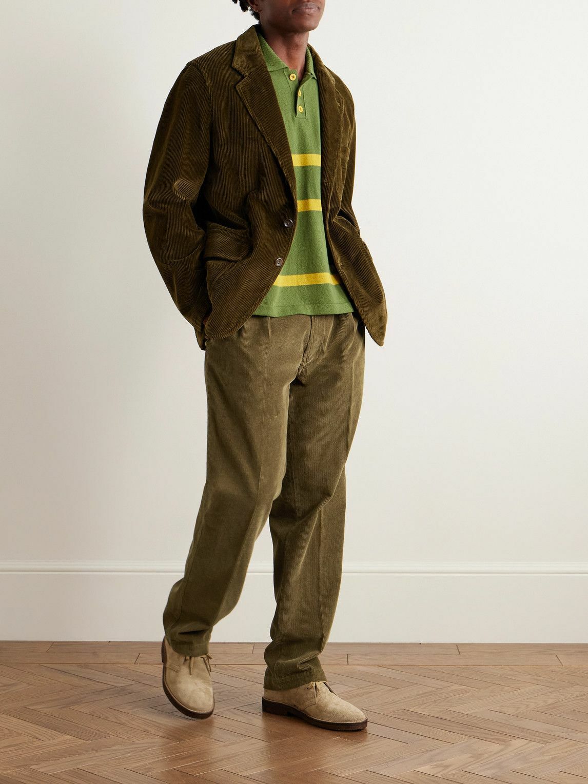 Drake's - Games Tapered Pleated Cotton-Corduroy Trousers - Green