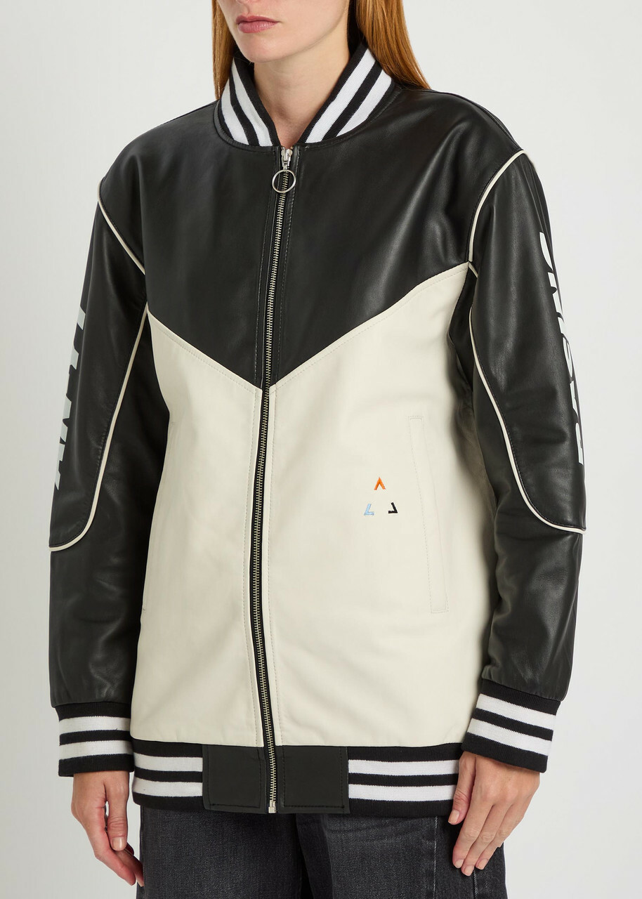 AN-Y1 Racing Quilted Colour-blocked Leather Bomber Jacket Black And White