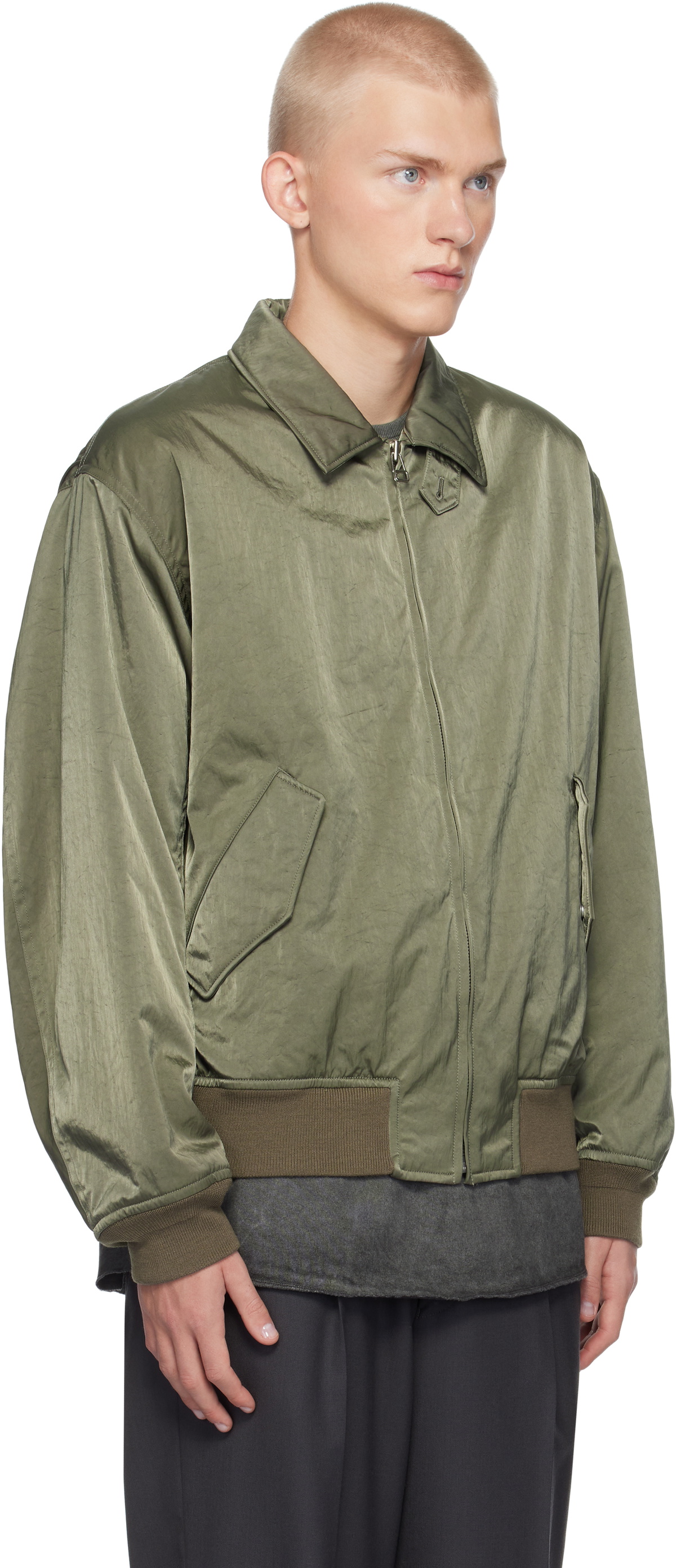 YLÈVE Khaki Nylon Twill Bomber Jacket