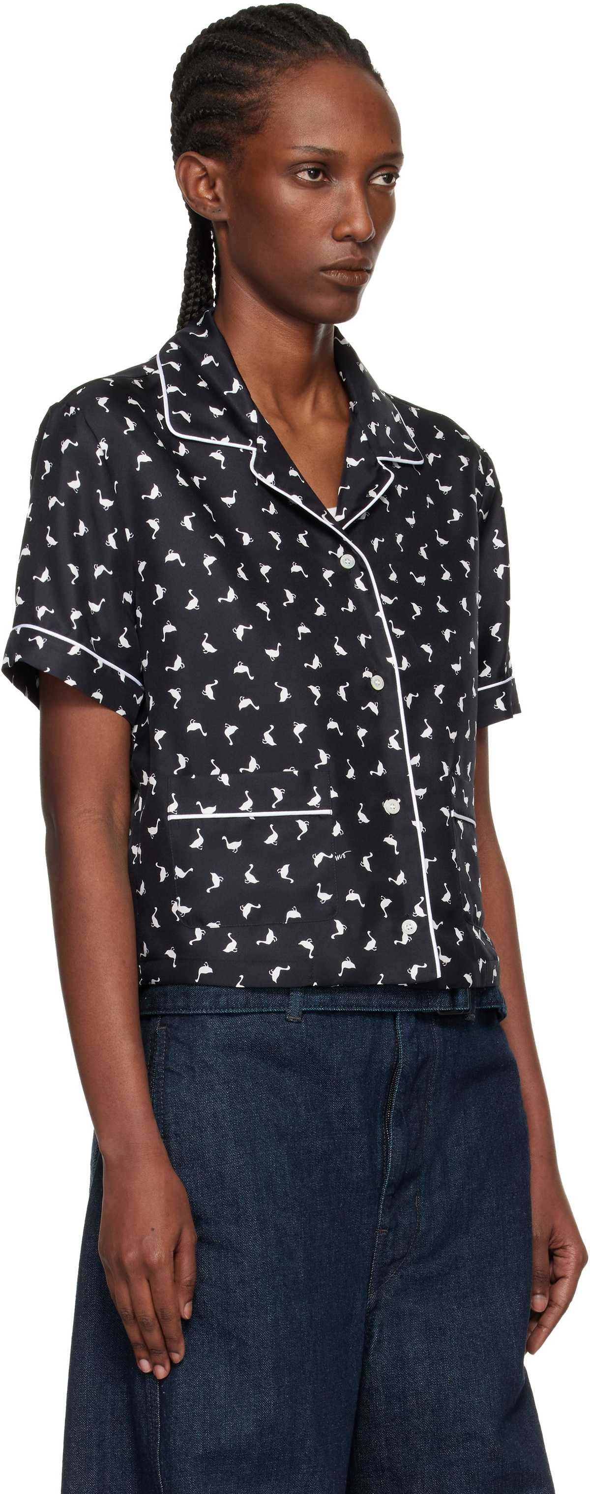 Moschino Black All Over Small Goose Print Silk Twill Blouse
