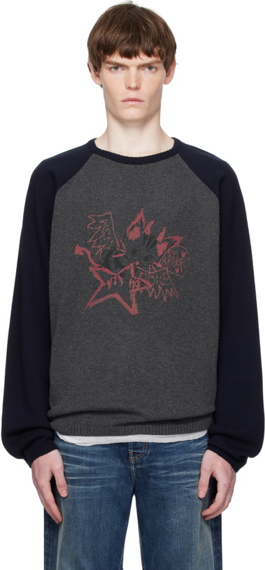 Photo: We11done Gray & Navy Printed Raglan Knit Pullover Sweater