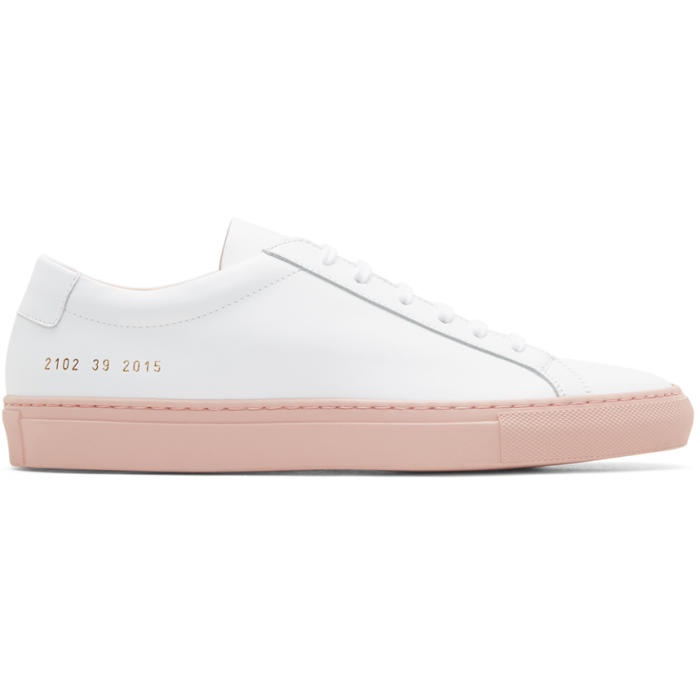 Photo: Common Projects White and Pink Achilles Low Colored Sole Sneakers