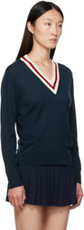 Sporty & Rich Navy 'SRC' Minimalist V-Neck Sweater