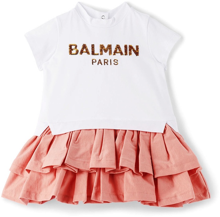 Photo: Balmain Baby White & Pink Sequins Logo Ruffle Dress