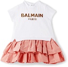 Balmain Baby White & Pink Sequins Logo Ruffle Dress