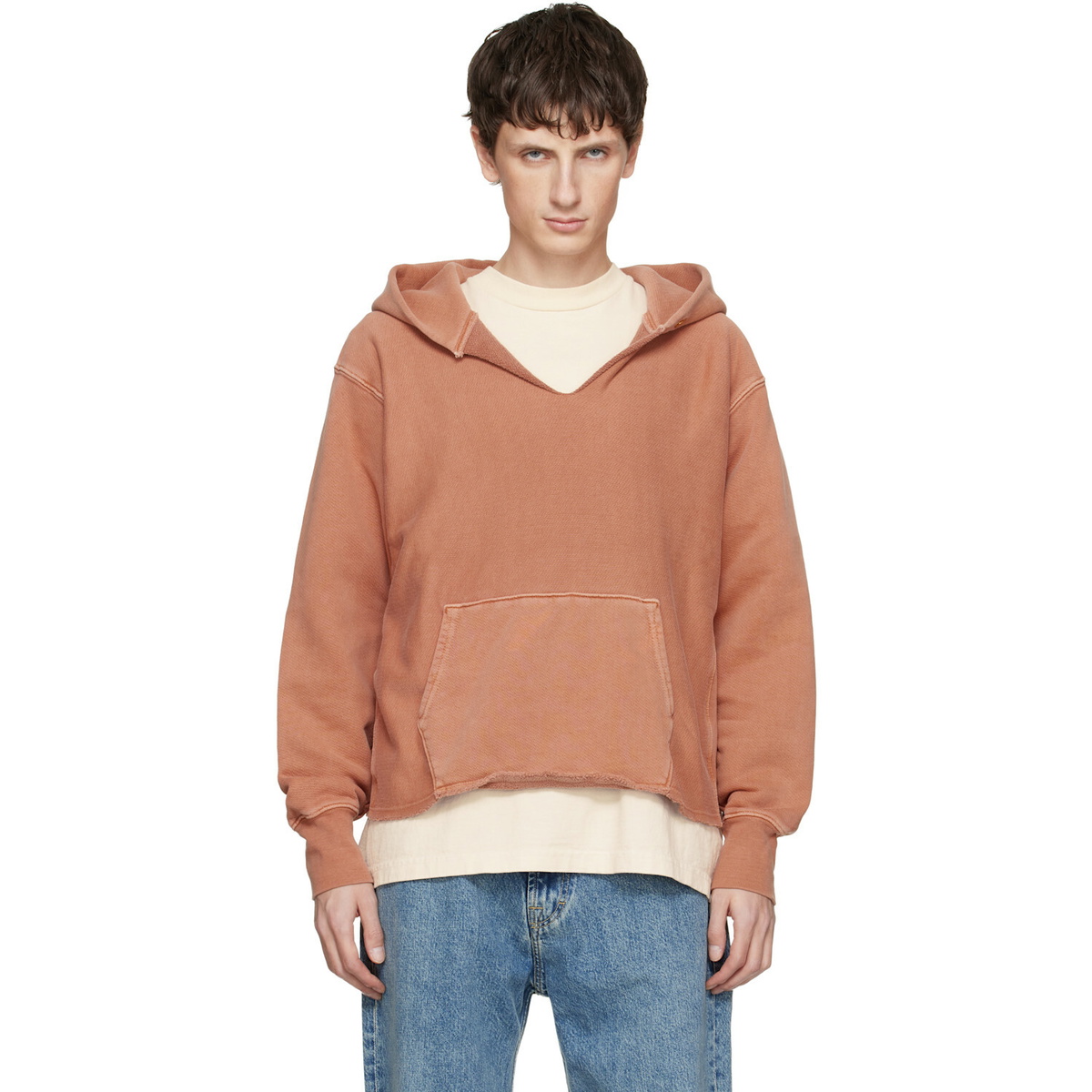Les Tien Orange Heavyweight Raw Cropped Hoodie