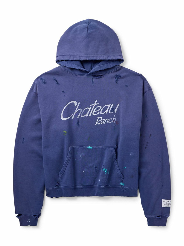 Photo: Gallery Dept. - Chateau Ranch Distressed Paint-Splattered Logo-Print Supima Cotton-Jersey Hoodie - Blue