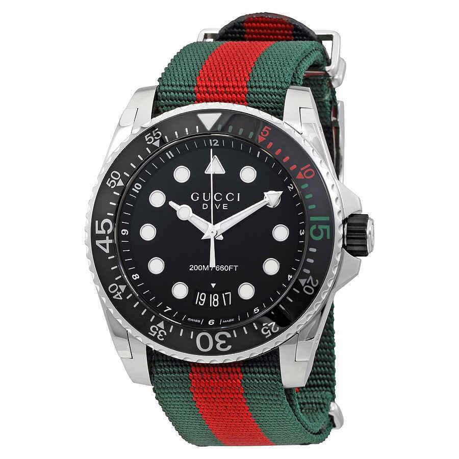Gucci Dive Black Dial Green and Red Nylon Mens Watch YA136209 Gucci