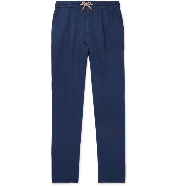 Photo: Brunello Cucinelli - Slim-Fit Linen and Cotton-Blend Drawstring Trousers - Blue