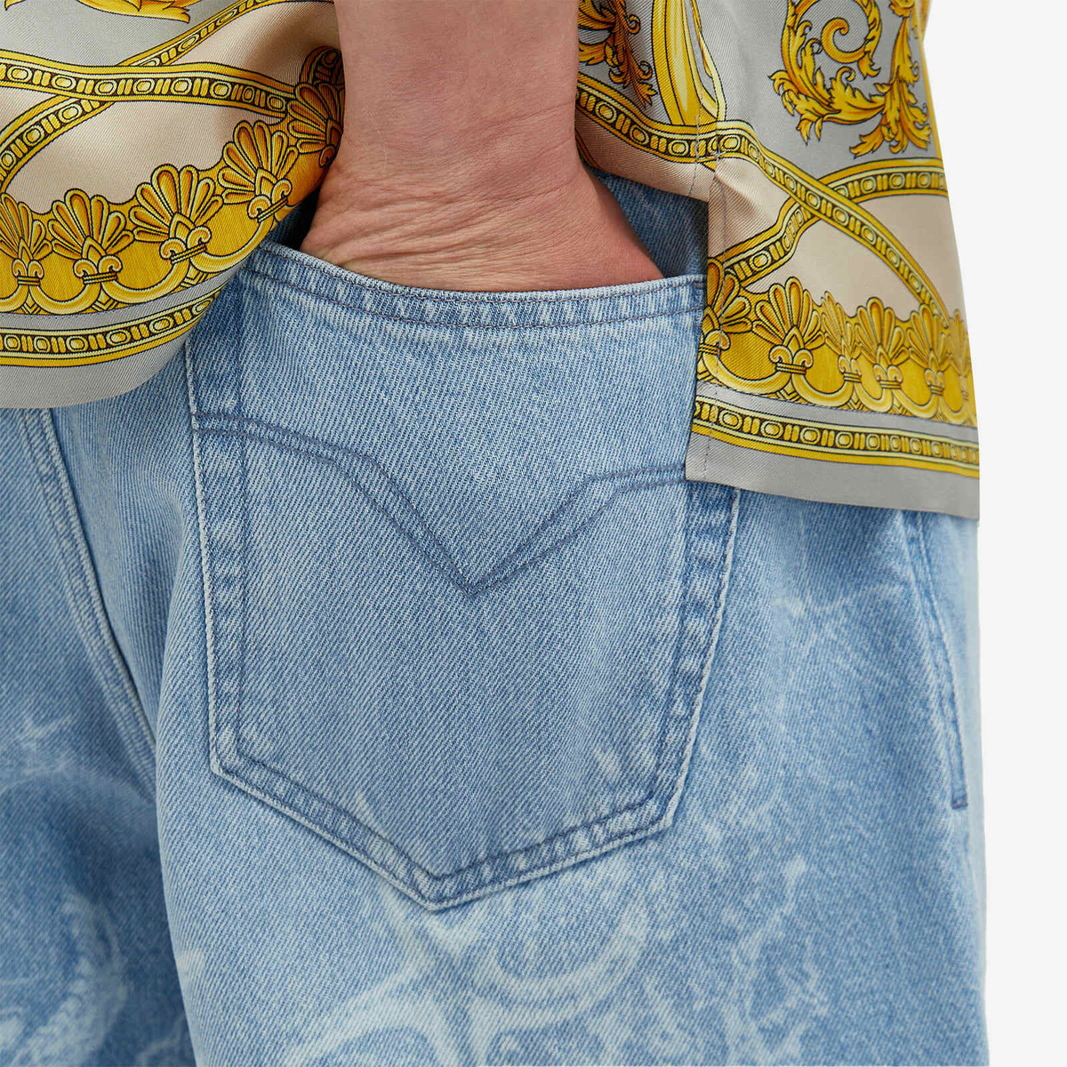 Versace Men's Long Line Denim Short in Light Blue Versace