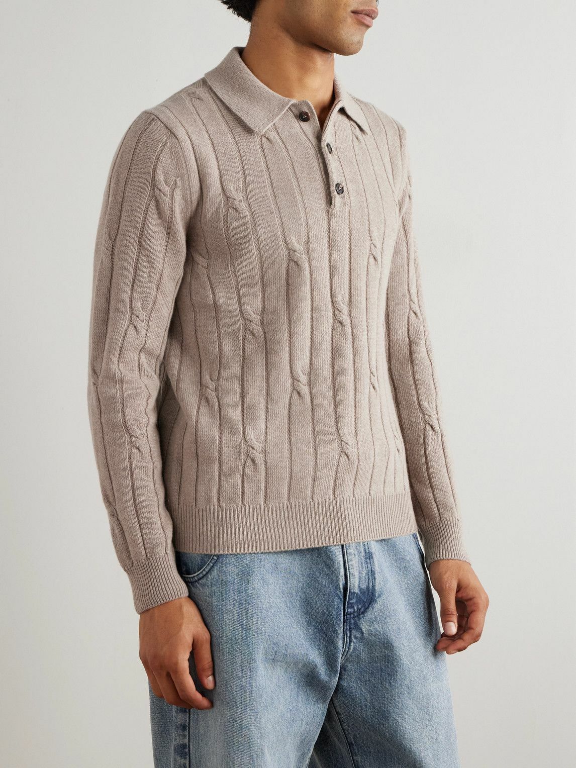Incotex - Zanone Cable-Knit Wool and Cashmere-Blend Polo Shirt - Neutrals