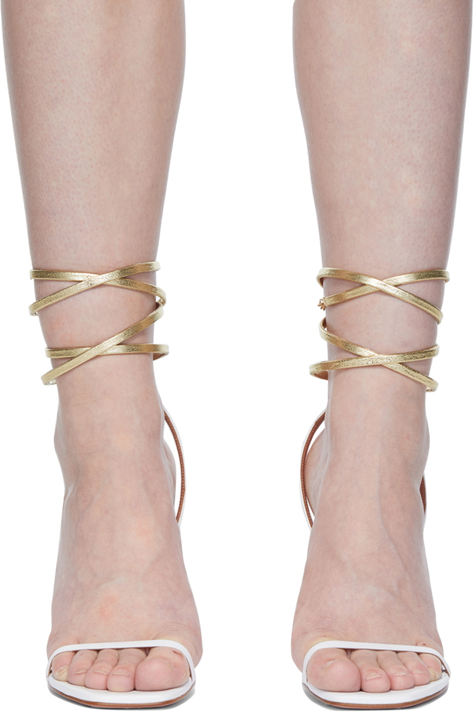 Amina Muaddi White & Gold Henson Heeled Sandals Amina Muaddi