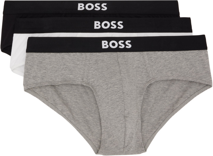 Photo: BOSS Three-Pack White & Black Logo-Waistband Briefs