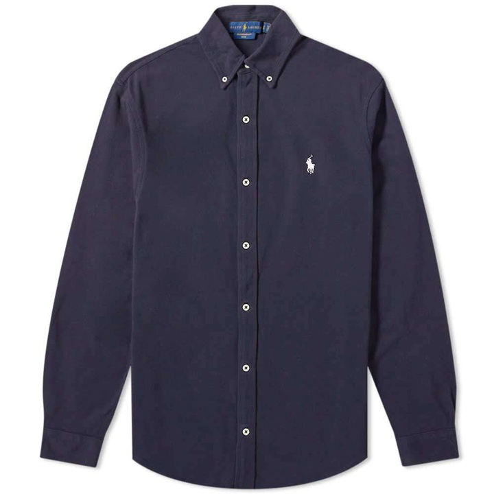 Photo: Polo Ralph Lauren Men's Slim Fit Button Down Pique Shirt in Aviator Navy