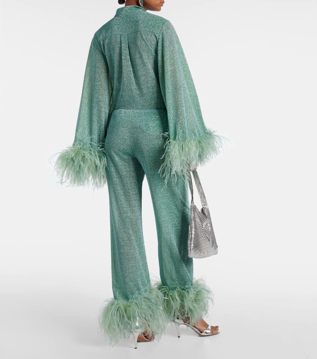 Oséree Lumière Plumage feather-trimmed lamé pants Oseree