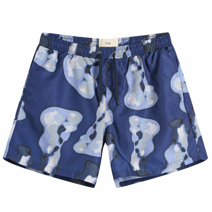 Photo: Folk Men's Shadow Print Swim Shorts in Indigo Shadow Print