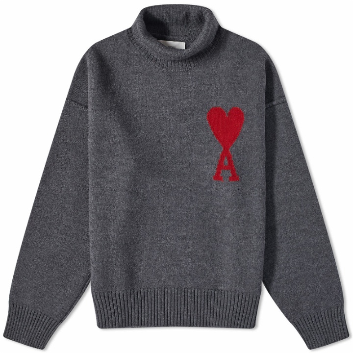 Photo: AMI Paris A Heart Roll Neck Knit in Heather Grey/Red