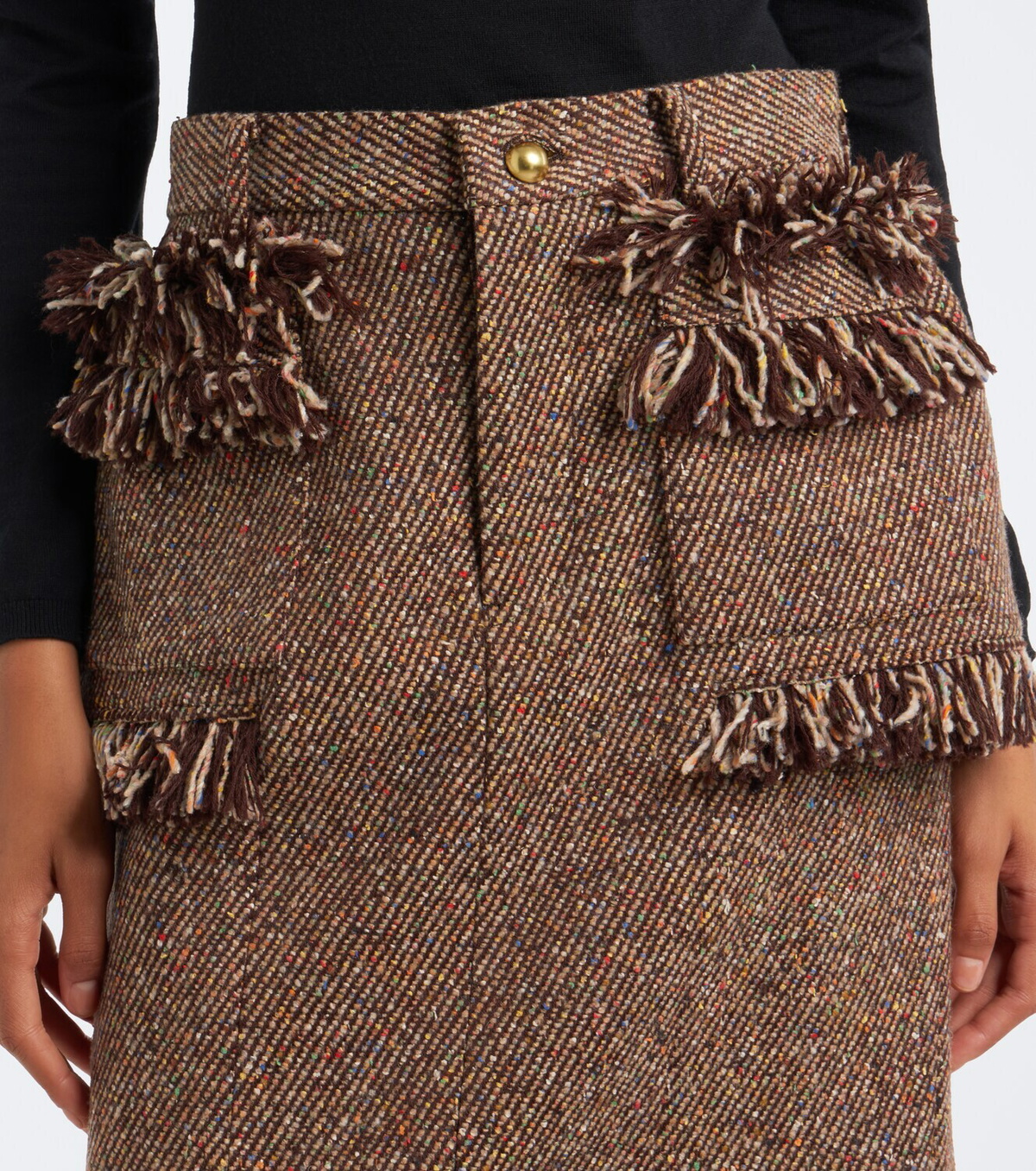 Sacai Fringed peplum tweed midi skirt