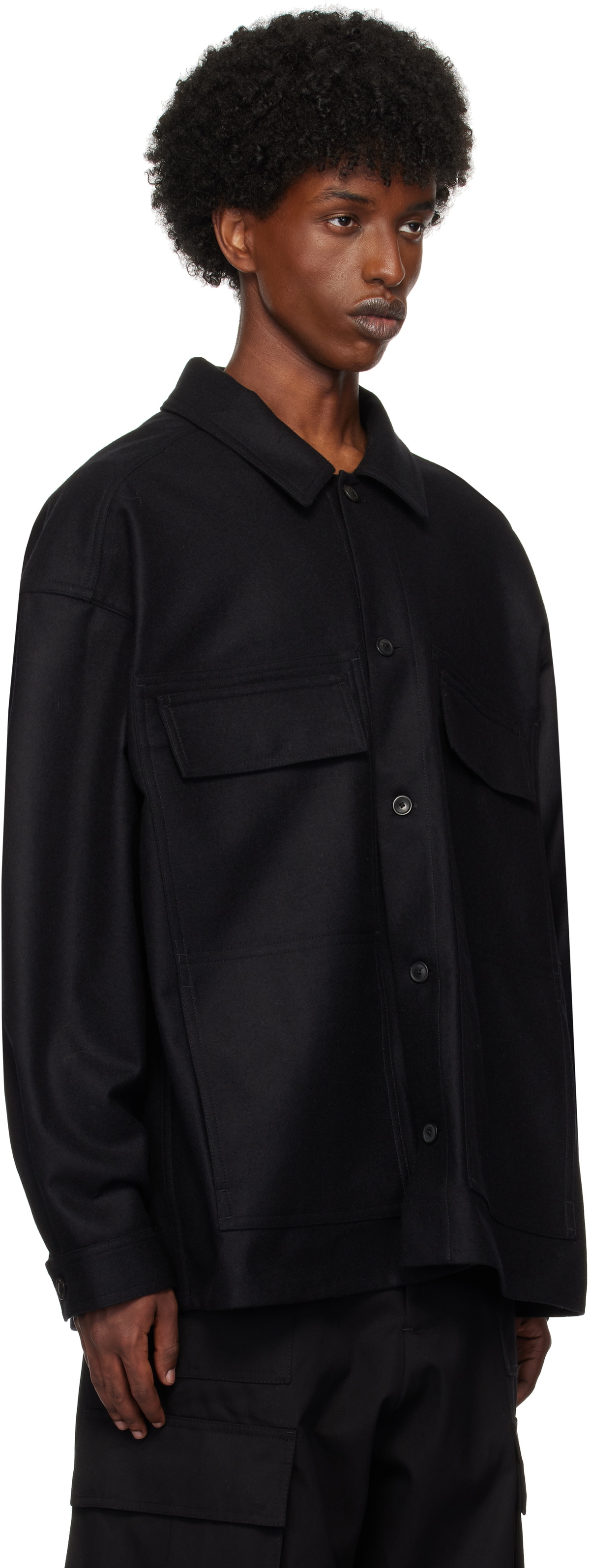 Lownn Black Flannel Wool Workwear Shirt
