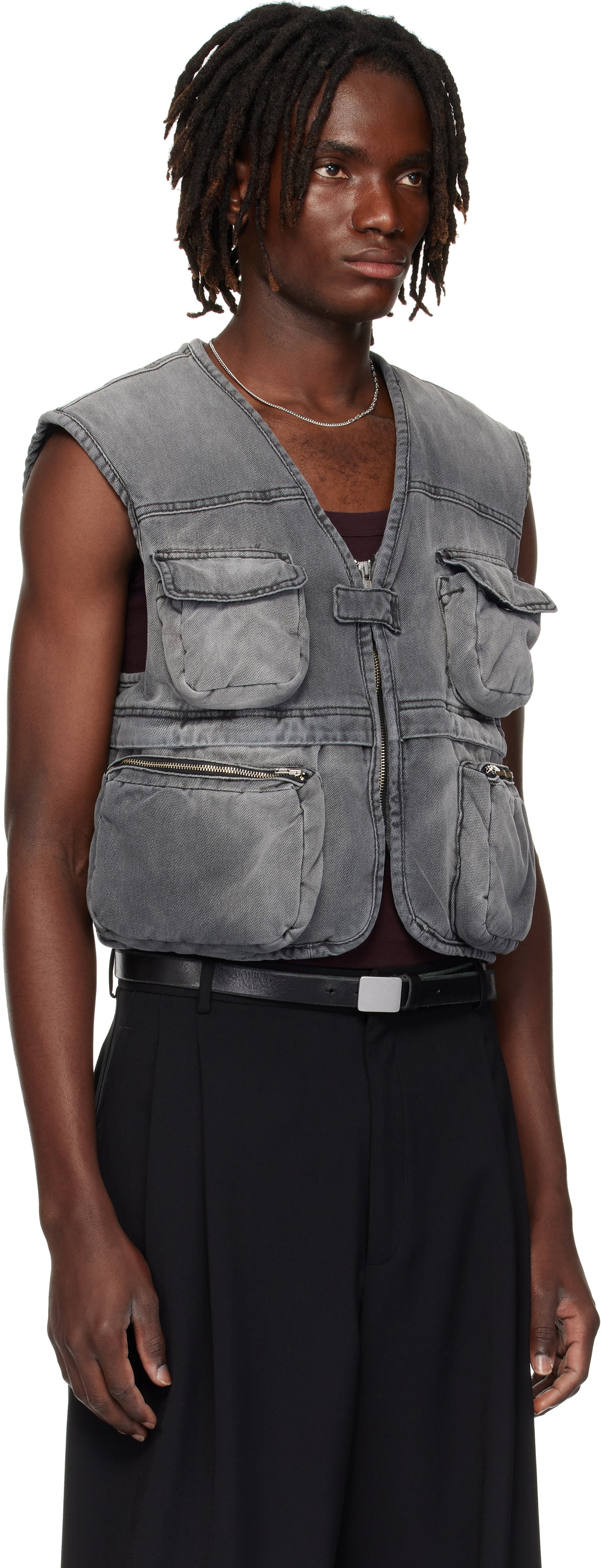 LU'U DAN Gray Wadded Denim Cargo Vest