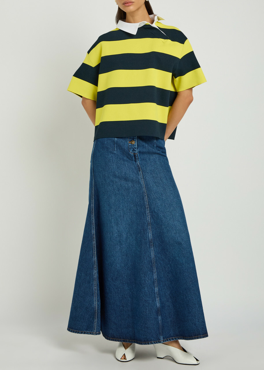 A.W.A.K.E Mode Striped Asymmetric Knit Rugby Polo top Yellow