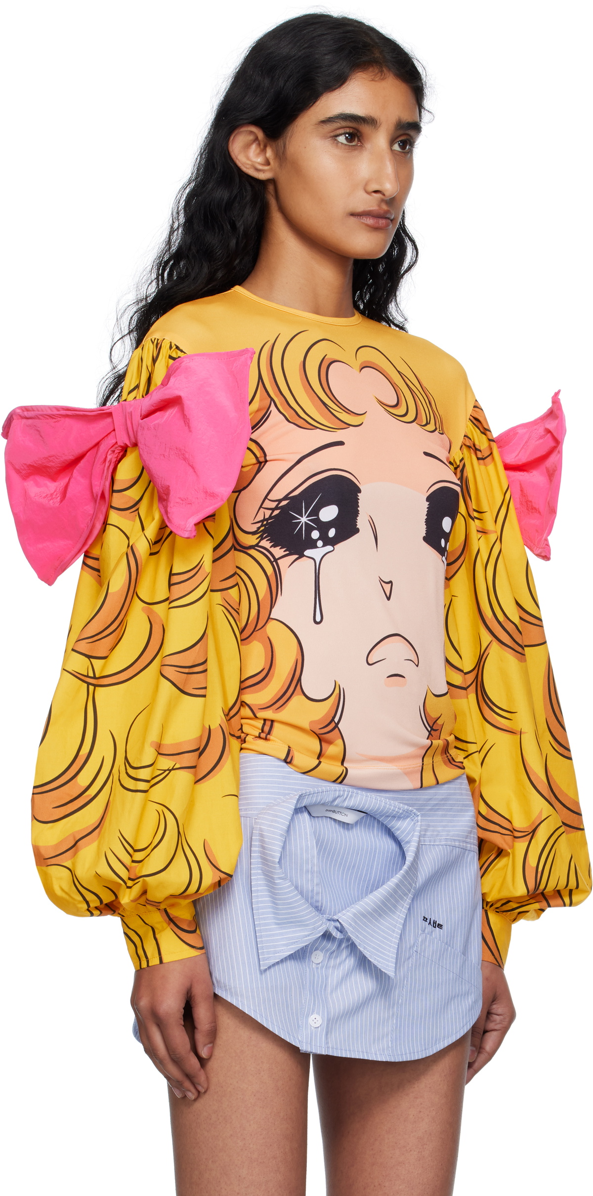 Pushbutton Yellow Crying Girl Puff Sleeve Ribbon T-shirt
