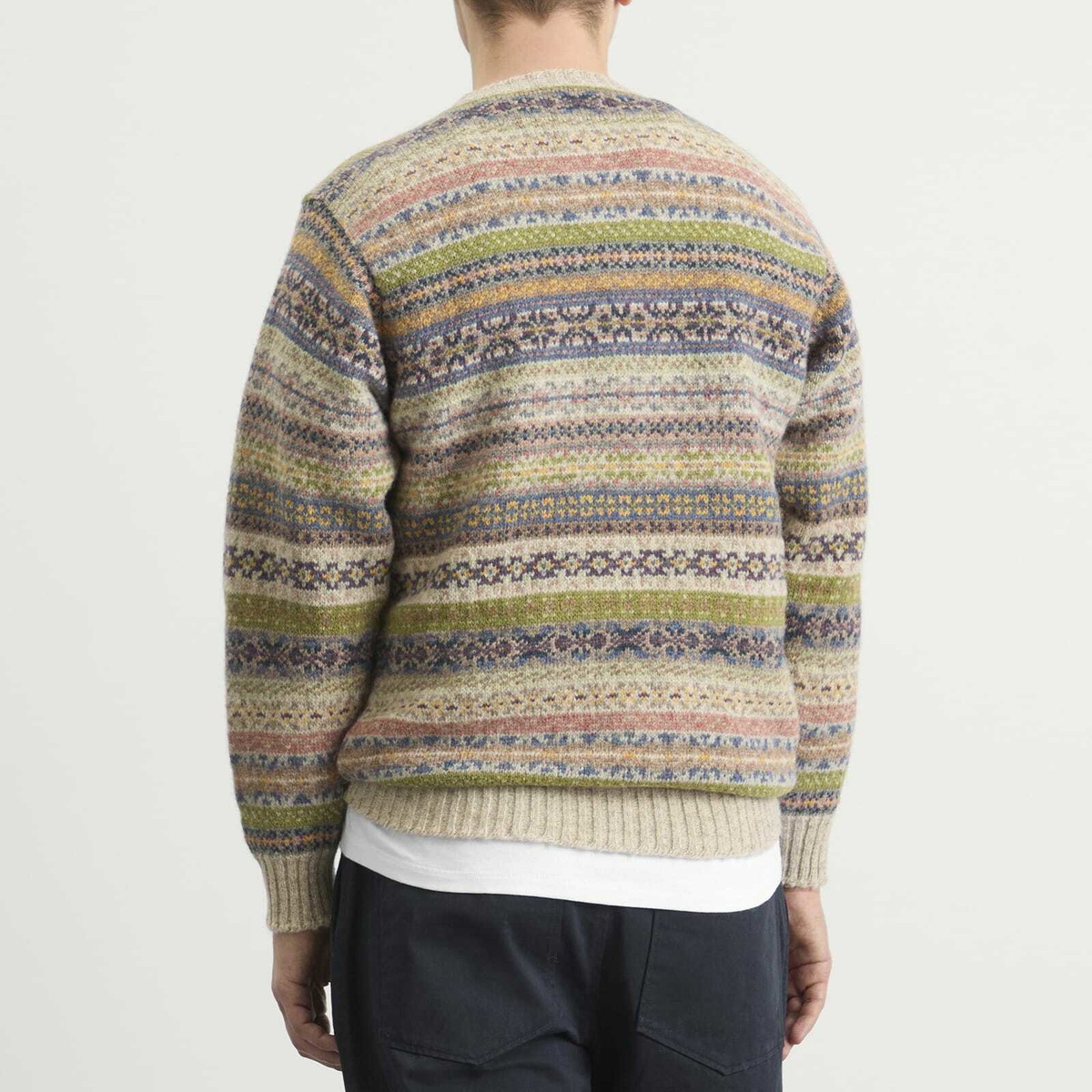 Jamieson's of Shetland Men's Jamiesons of Shetland Fair Isle Crew Knit in White/Green &Pink