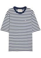 Ami Paris Striped Logo-embroidered Cotton T-shirt Blue