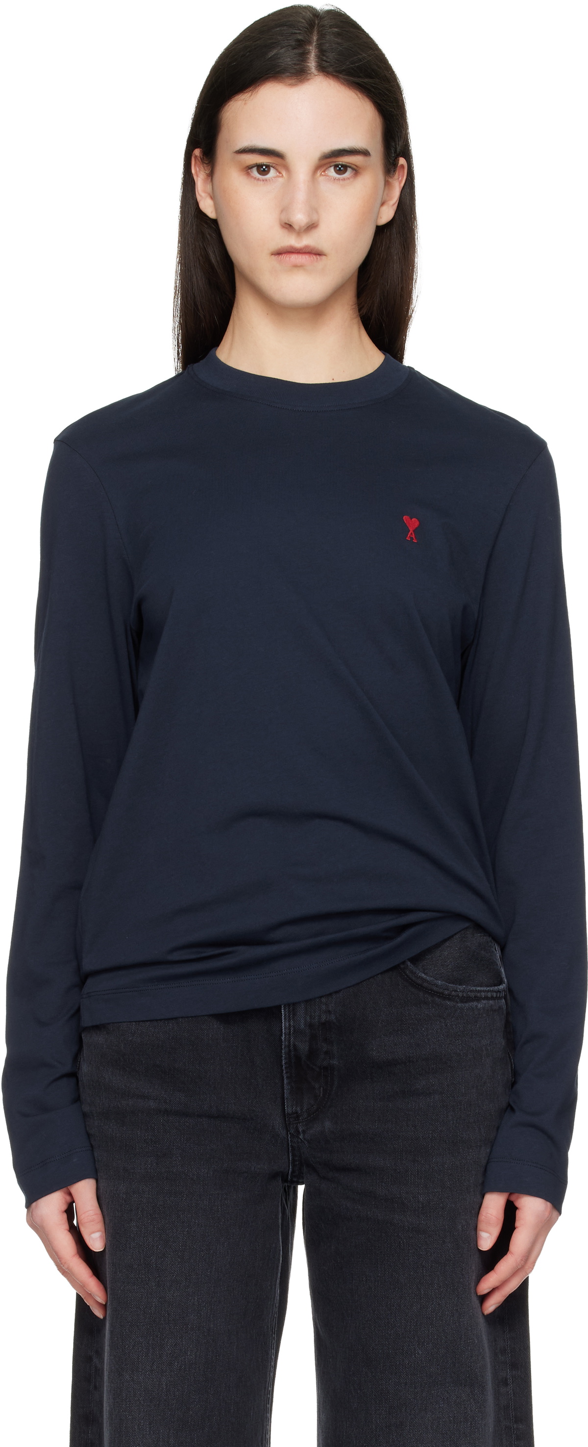 AMI Paris Navy Cotton Ami de Coeur Long Sleeves T-shirt