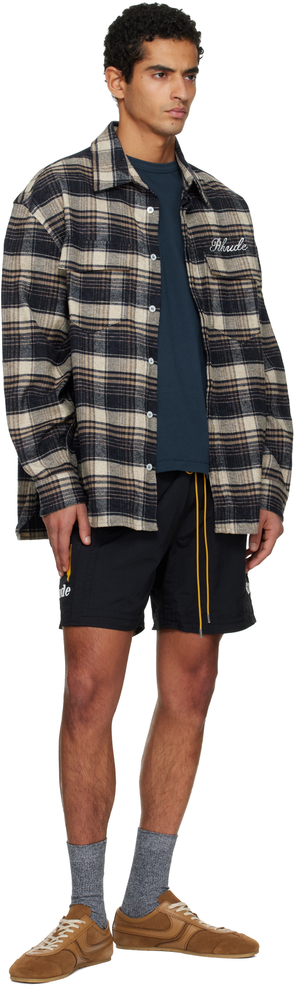 Rhude Navy & Beige 'Rhude' Script Flannel Shirt