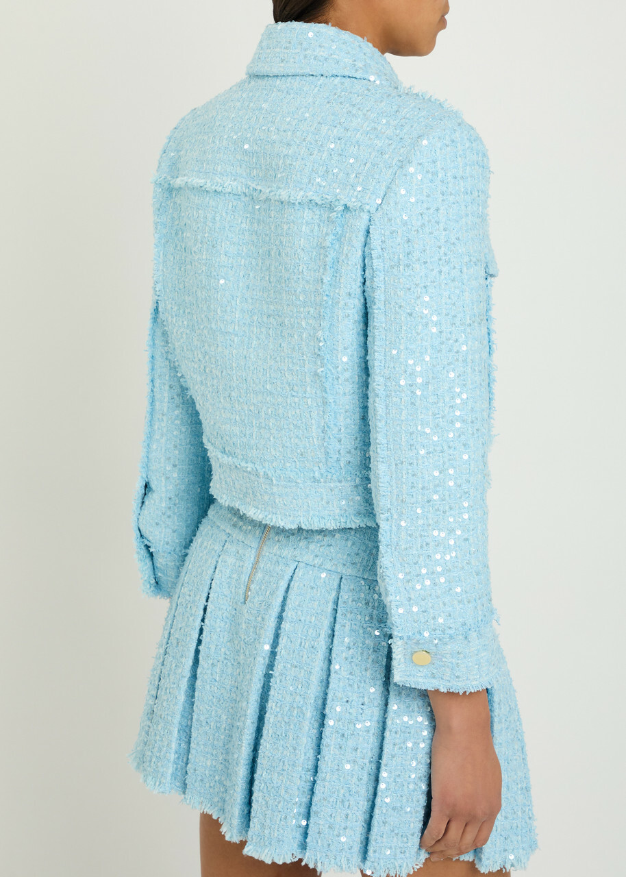 Alice + Olivia Chloe Embellished Cropped Tweed Jacket Light Blue